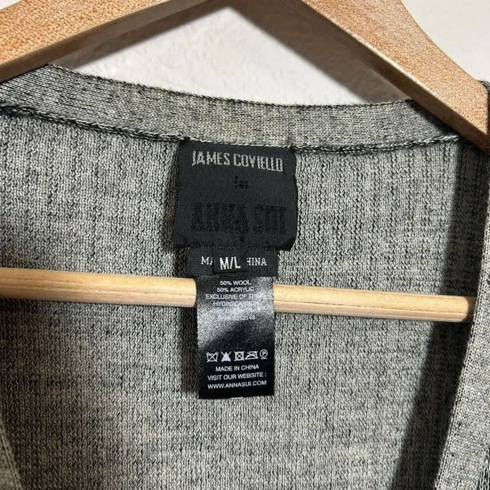 Anna Sui for James Coviello Cardigan Sweater M/L Gray Black Wool Blend Floral
